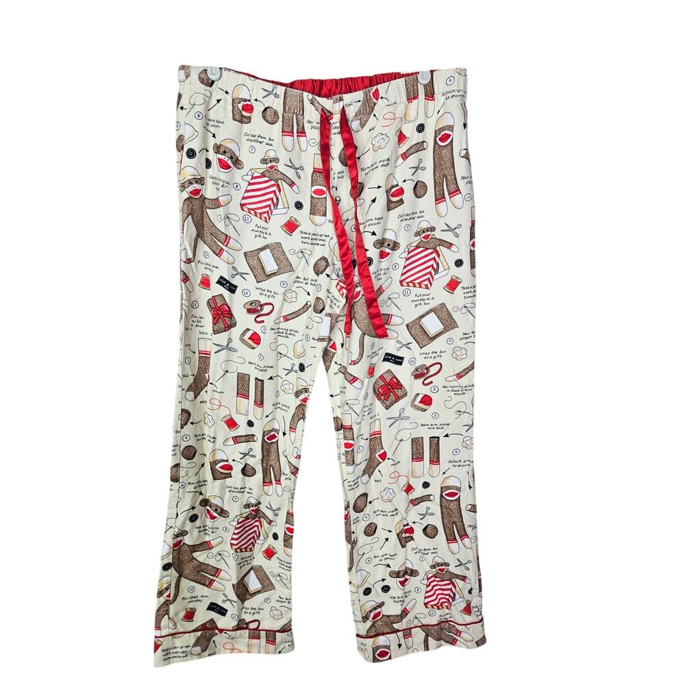 Vintage Y2K Nick Nora L Sock Monkey Cotton Flannel 2 Piece Pajama Sew Whimsy - Picture 3 of 6